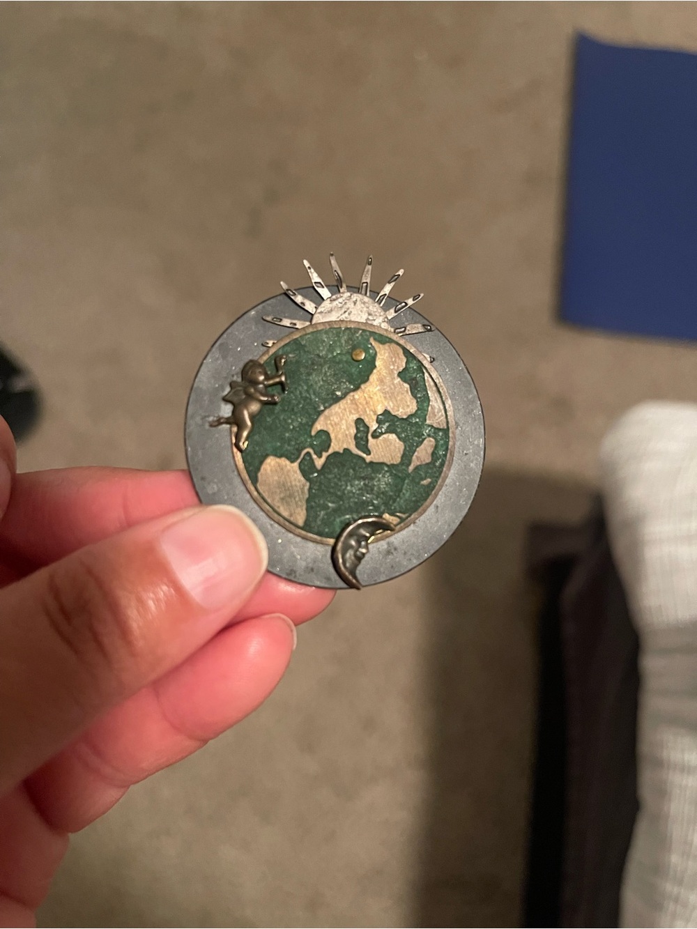 Celestial, earth, Motif Pin with Sun and Moon. vintage, metal